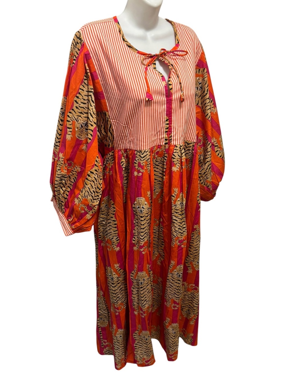 House of Sundar Tara Midi Dress Orange & Pink/3XL Tigress Red Tan Wide Ballon 3X - Picture 3 of 7